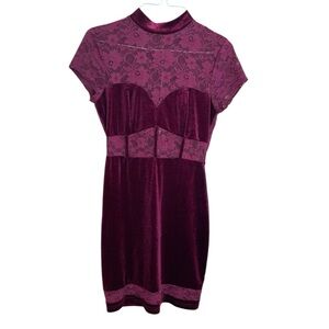 Y2k Burgundy velvet and Lace Mini Dress Women size SM Short Sleeve Party